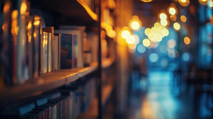 Wall Mural - Bookstore illuminated by warm light, inviting readers to explore its shelves