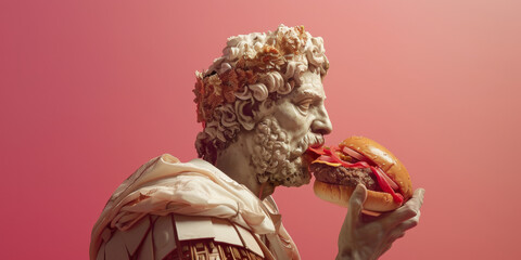 Surreal Classical Statue Biting into a Juicy Burger