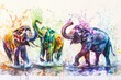 Joyful elephants splashing water in Songkran festival, painted in lively watercolor hues on a white canvas