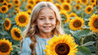 beautiful blonde Caucasian girl happy among sunflowers