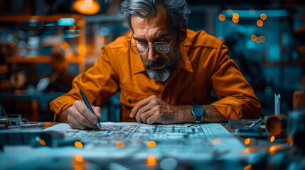 Poster - Man in Orange Shirt Working on Computer