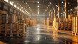 Modern Warehouse Interior with Wooden Pallets and Sunlight