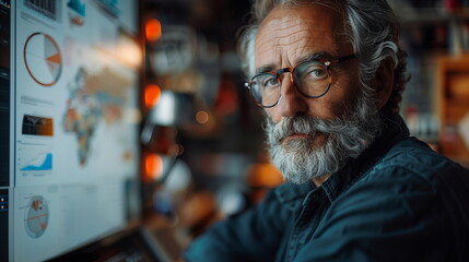 Poster - Bearded Man With Glasses Looking at Computer Screen