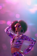 © carolina - African American woman twist dancer isolated on white. Male disco performer in 1970s style clothes. Purple background