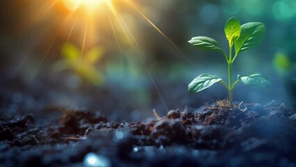 Wall Mural - A seedling sprouting from the ground surrounded by beams of light signifying how our intentions and actions can manifest and shape our surroundings.