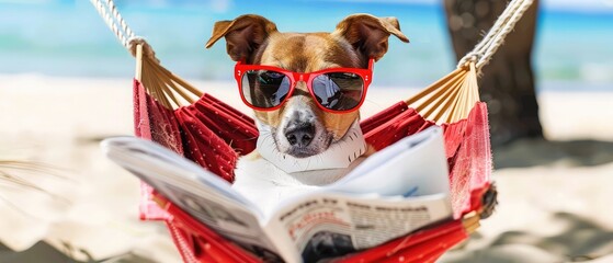 dog relaxing on a hammock with red sunglasses on summer vacation holidays at the beach reading newspaper or magazine