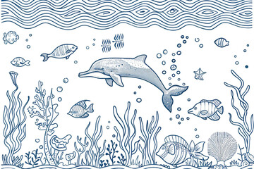 Wall Mural - Illustration of dolphin jumping out of water isolated on transparent background world ocean day concept 