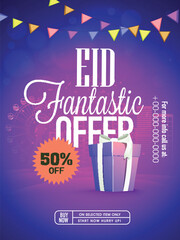 Sticker - Eid Fantastic Offer Sale, Sale Pamphlet, Sale Banner, Sale Flyer, 50% Off, Shiny Sale Background for Muslim Community Festival celebration.