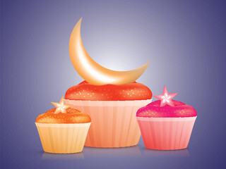 Wall Mural - Sweet delicious Cupcakes with Glossy Crescent Moon and Stars, Concept for Muslim Community Festivals celebration.