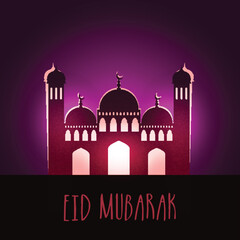 Wall Mural - Eid Mubarak Text With With Beautiful Mosque on Purple Background.