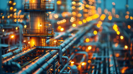 Poster - Industrial Oil Refinery With Numerous Pipes and Lights