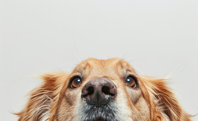 Wall Mural - Cute Brown Dog with Big Eyes Gazing Upward on White Background