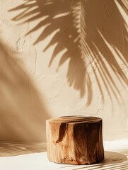 Wall Mural - Flattened wooden tree stump, palm leaves shadowed on background beige wall, illustration made with generative AI