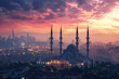 Mosques silhouette against sunset sky with stars