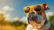 A pitbull terrier dog wearing sunglasses with blur field background.