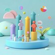 3D render icon Scatter plot with cute creatures interacting on a solid background icon 3d business