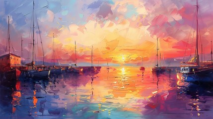 Poster - Painting of a harbor sunset in oil