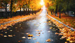 Autumn evening in the city: Empty wet road with vibrant colors and high contrast under a stunning sunset