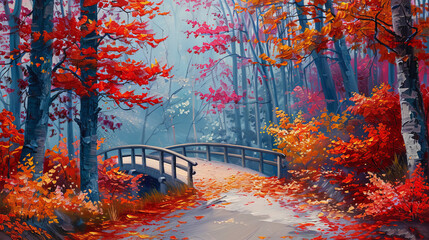 Poster - Forest with red leaves and a road with a bridge over it, oil painting.