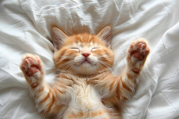 Sticker - Content Ginger Kitten Sleeping Peacefully on White Bedding