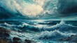 An ocean with a cold temperature, a seascape, rough terrain. Painting, pictorial art.