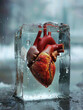 Heart cold as ice concept with anatomical hear frozen in block of ice