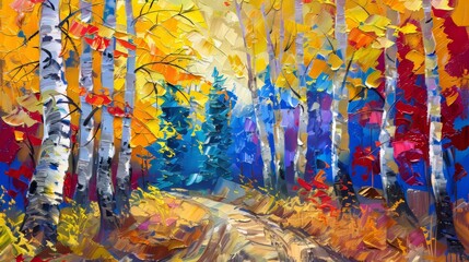 Wall Mural - The landscape in this painting is depicted as a forest with aspen trees with yellow, red leaves. This painting is part of an impressionist painting series.