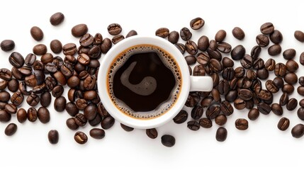 Poster - The image shows a white background with a coffee cup and beans.