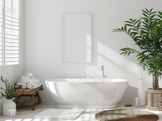 Wall Mural - Poster frame mockup in white cozy bathroom interior background