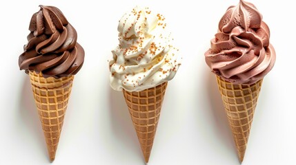 Poster - On a white background with a clipping path, chocolate, vanilla and strawberry ice cream is presented in a cone.