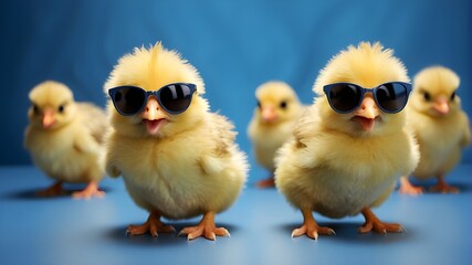 Wall Mural - Curly yellow chicks with blue sunglasses are energetically hopping around on a studio blue background. The chicks are fluffy and vibrant, their feathers catching the light in a playful manner. The blu