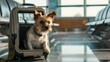 photo of a dog carrier at the airport, dog love, dog safety, holidays with animal friend, copy and text space, 16:9