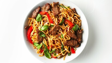 Poster - Top view of noodle dish with meat and vegetables, isolated on white