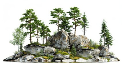 Poster - On a white background are trees, the mountain, and the rocks on the island.