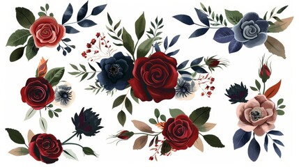 Aufkleber - A set of floral elements including red, burgundy, navy blue roses, and green leaves. A bouquet of roses, a wedding poster, an invitation. Modern arrangements for the design of greeting cards and