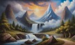 A serene valley unfolds beneath a twilight sky, where rays of sunlight grace the pinnacle of a snowy mountain. Mist rolls over cascading waterfalls, harmonizing with the tranquil river that weaves