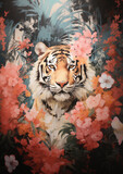 Fototapeta Młodzieżowe - Acrylic Painting of Tiger In Flowers