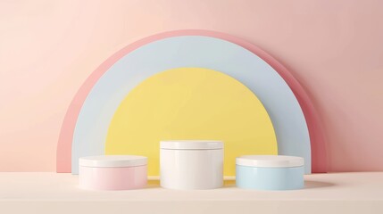 Aufkleber - 3d cylinder podium set with pastel yellow, blue, and pink backdrop. Abstract modern rendering geometric platform for product presentation. Minimalistic environment.