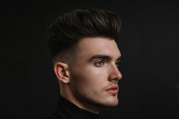 Side view of a young man showcasing a modern quiff hairstyle against a black background