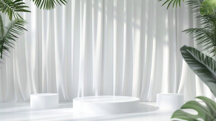 Aufkleber - The 3D background features a realistic white cylinder pedestal podium with one cylinder and one green leaf. It is a mini wall scene mockup for displaying a product or for promotion. More abstract