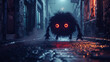 A creepy monster with red eyes stands in a dark alleyway. The image has a creepy and unsettling mood, as the monster appears to be lurking in the shadows