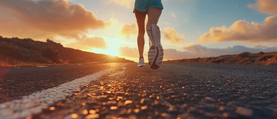Poster - Running athlete feet on the road. Woman fitness silhouette sunrise jog workout wellness concept.