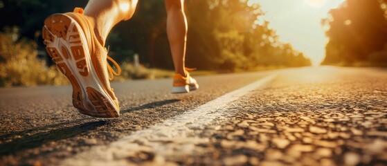 Poster - Closeup of a runner's feet running on a road in front of a sports background.