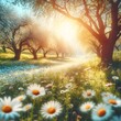 Beautiful blurred spring background nature with blooming glade chamomile, trees and blue sky on a sunny day generated by ai
