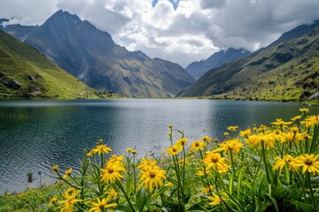 Wall Mural - Majestic nature landscape with mountains, lakes, and vibrant flora, Grand nature panorama featuring mountains, lakes, and lush flora.