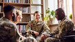 © Garnar - A diverse group of soldiers, smiling Caucasian woman and African American man on wheelchair, engage in a group therapy session indoors. Concept of inclusive recovery and support for veterans