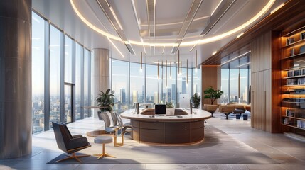 Poster - Panorama view inside office in skyscraper. Beautiful modern office in skyscraper.