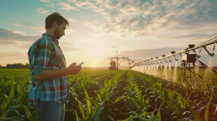 Poster - An irrigation center pivot sprinkler system is being tuned and inspected by a young farmer on a smartphone in a cornfield.