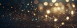 Background of abstract glitter lights. Aqua and champagne. Defocused. Banner.
