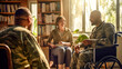 Group therapy session with psychologist woman and African American men in military uniforms sitting in wheelchair. Sunlit room peaceful and supportive. Concept of mental health care for veterans
